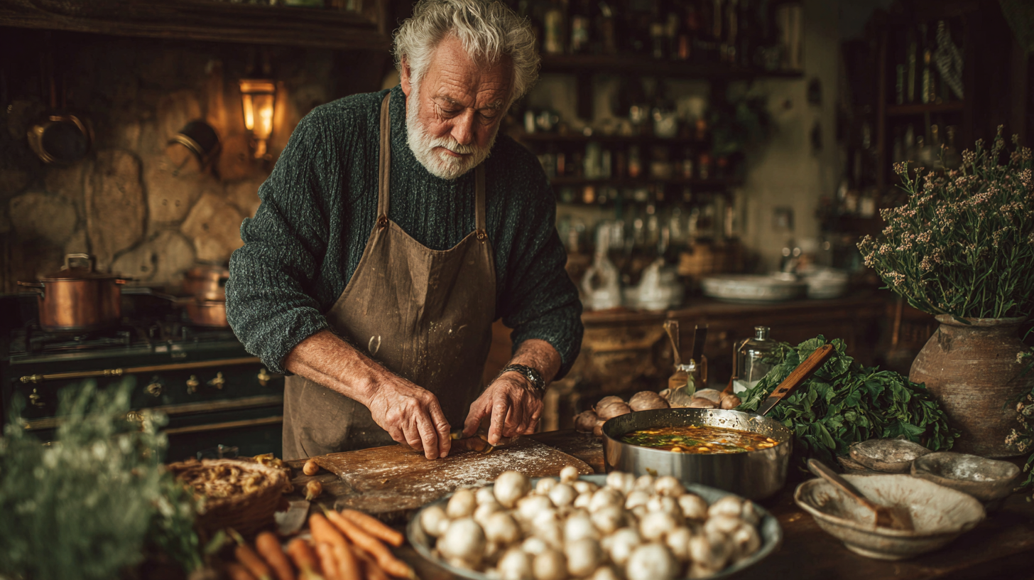 Щаслива пара старшого віку готує здорову їжу
